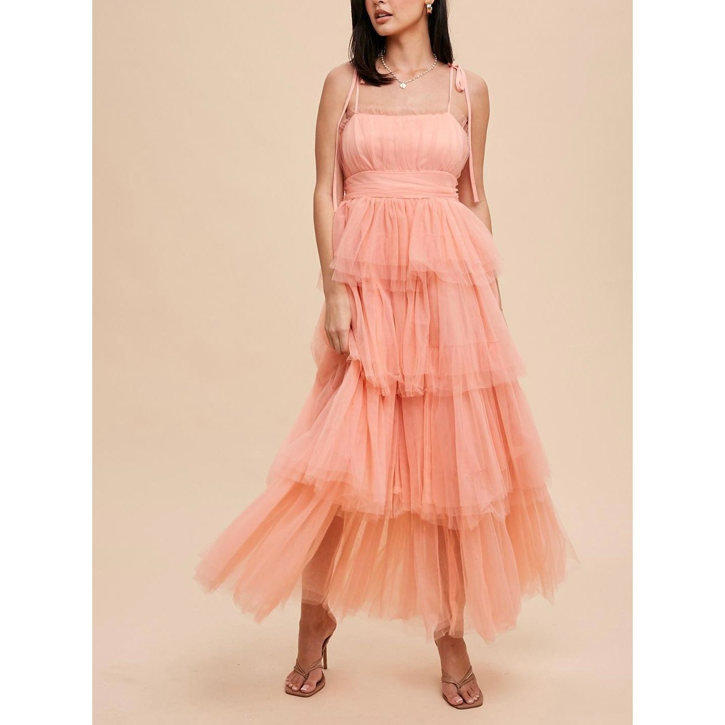 Alice Romantic Tiered Mesh Ruffled Dress - Peach