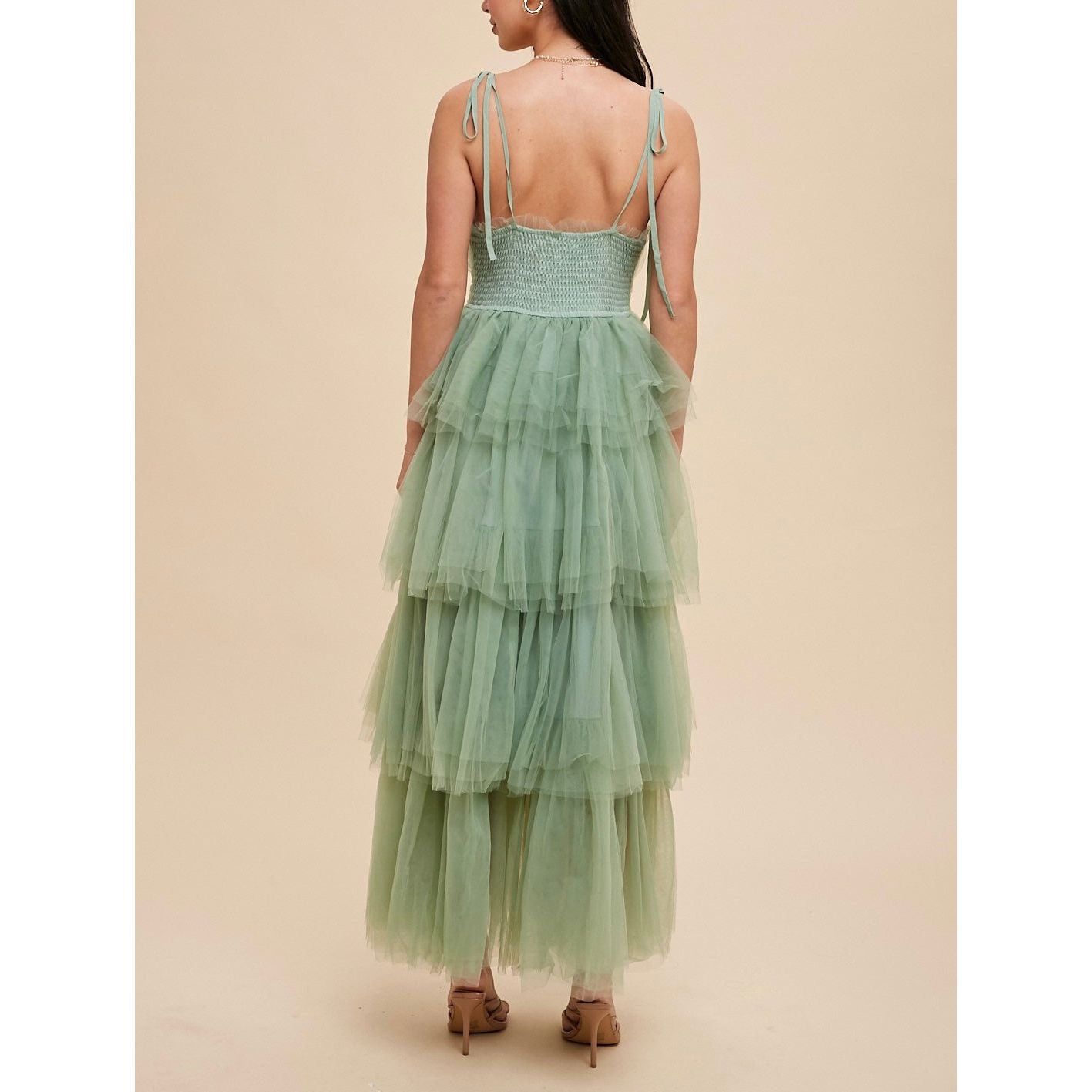 Alice Romantic Tiered Mesh Ruffled Dress - Matcha