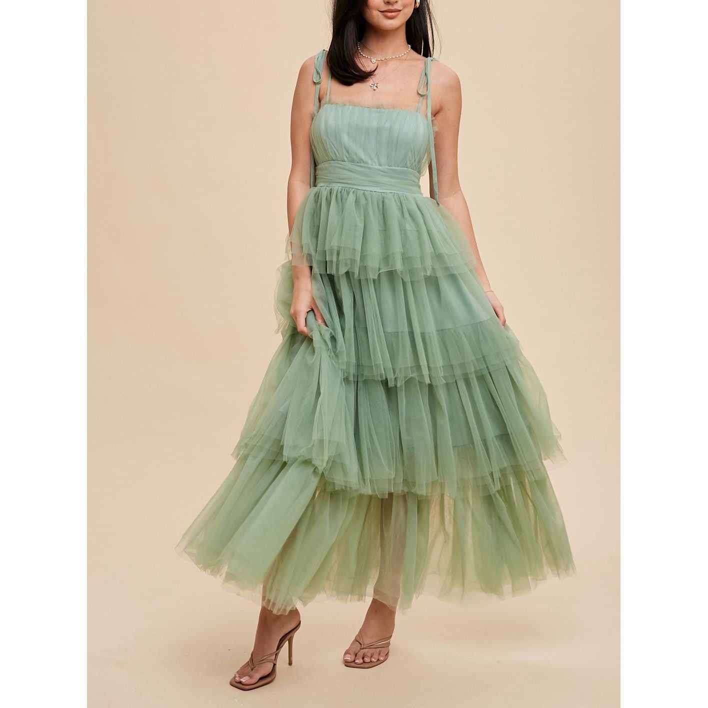 Alice Romantic Tiered Mesh Ruffled Dress - Matcha