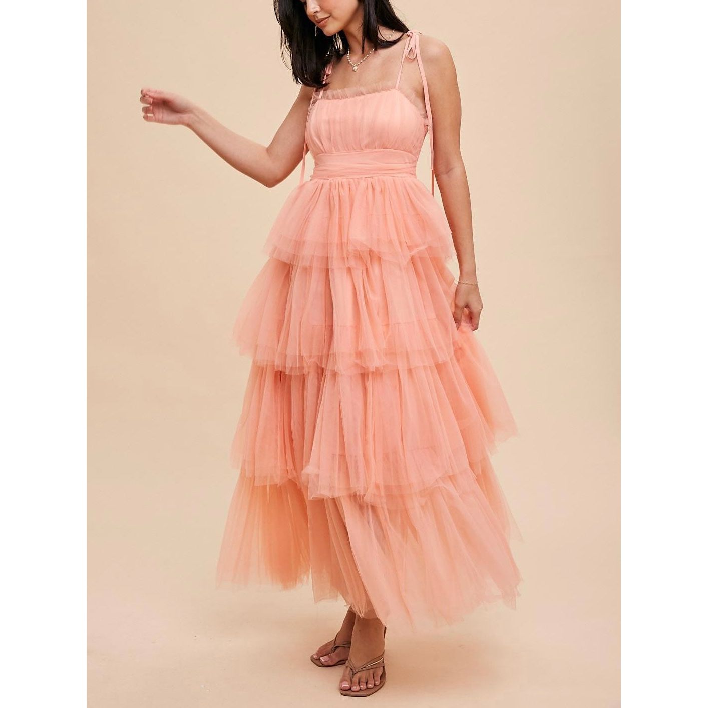 Alice Romantic Tiered Mesh Ruffled Dress - Peach