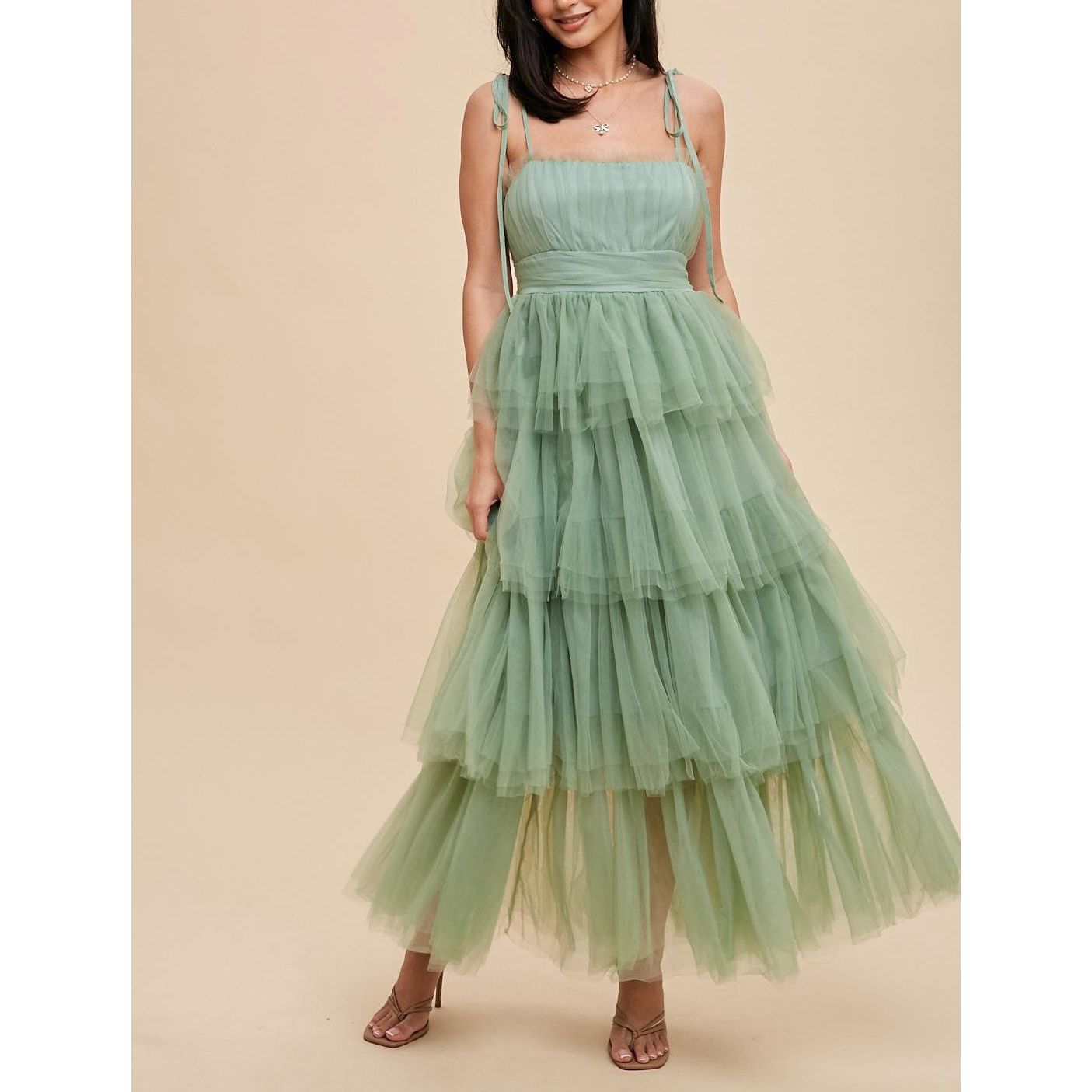 Alice Romantic Tiered Mesh Ruffled Dress - Matcha