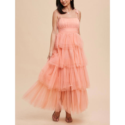 Alice Romantic Tiered Mesh Ruffled Dress - Peach