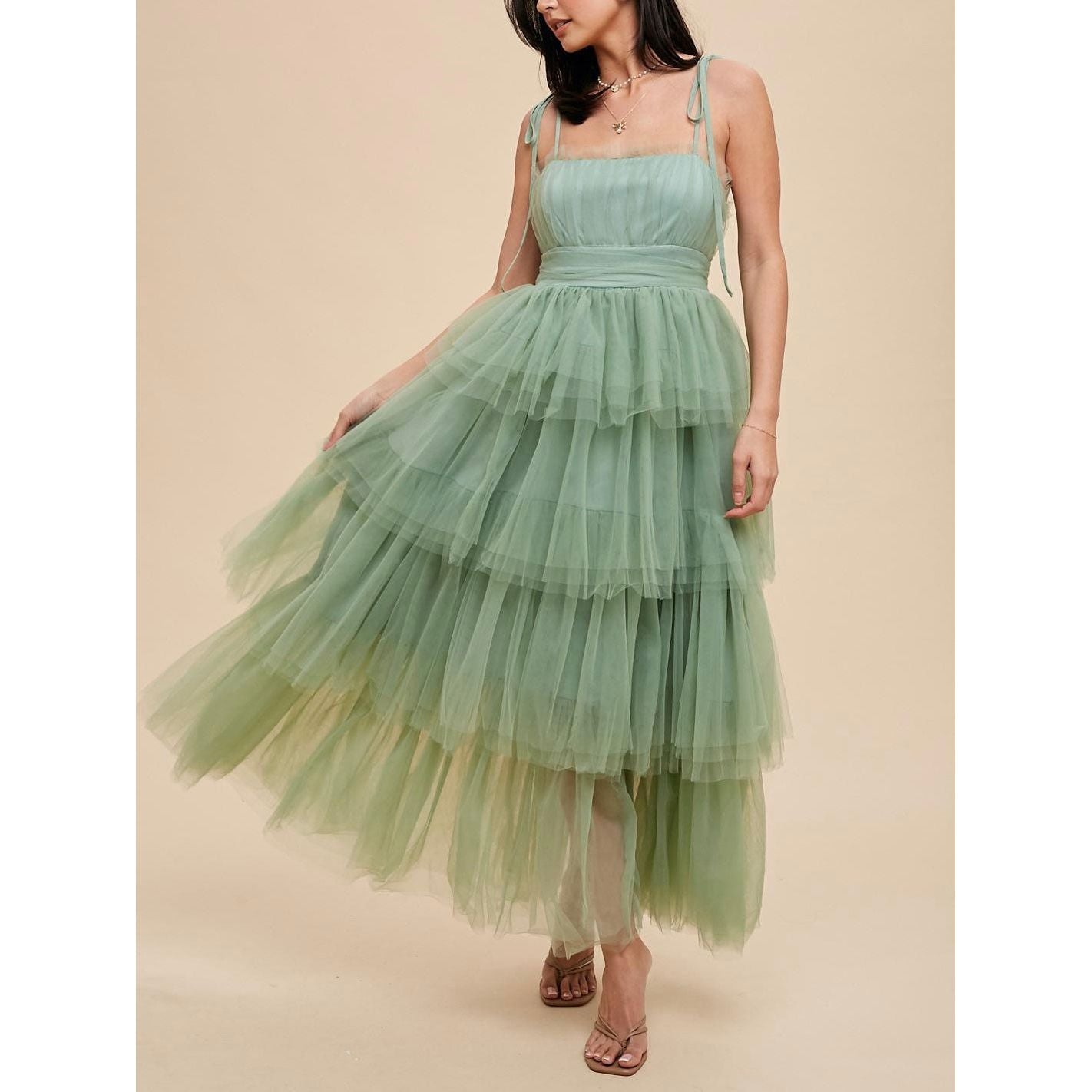 Alice Romantic Tiered Mesh Ruffled Dress - Matcha