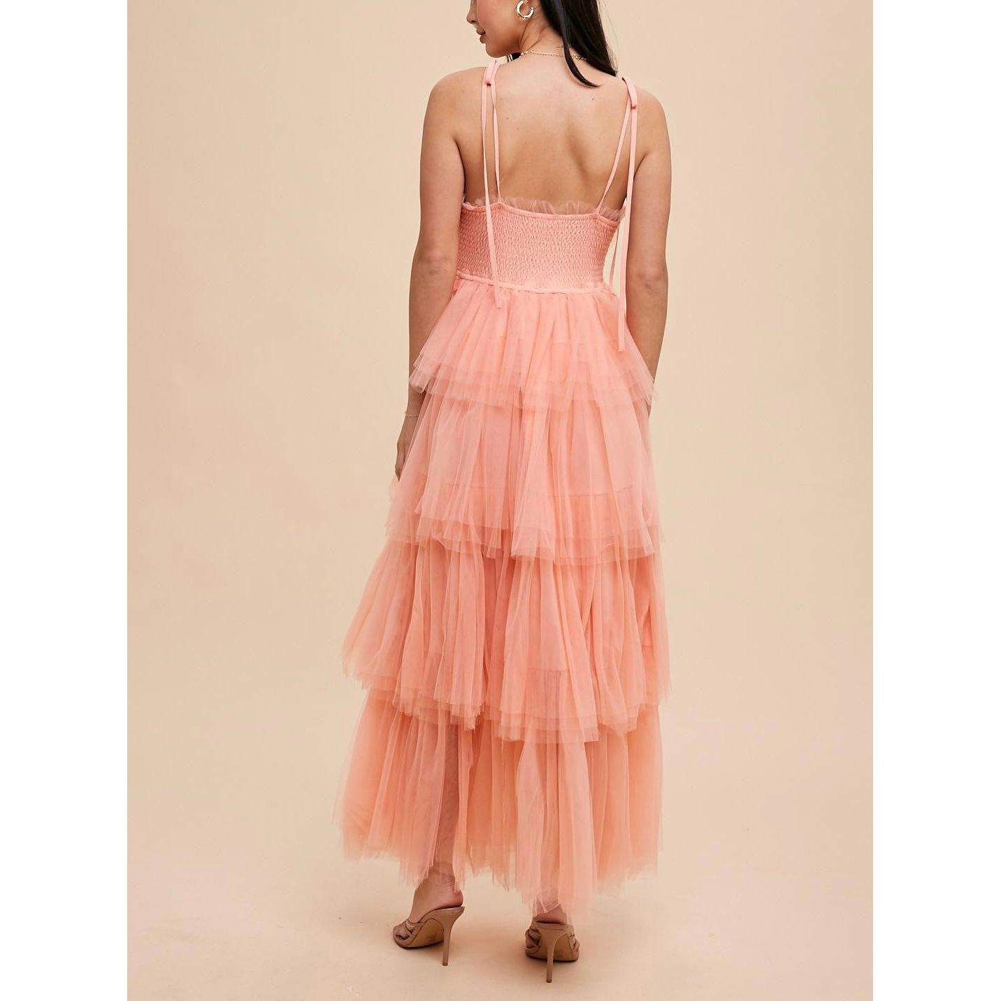 Alice Romantic Tiered Mesh Ruffled Dress - Peach