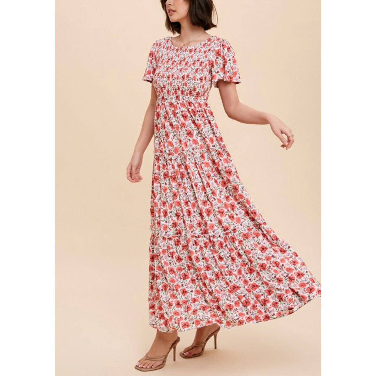 Jasmine Ruffled Tiers Spring Dress in Coral