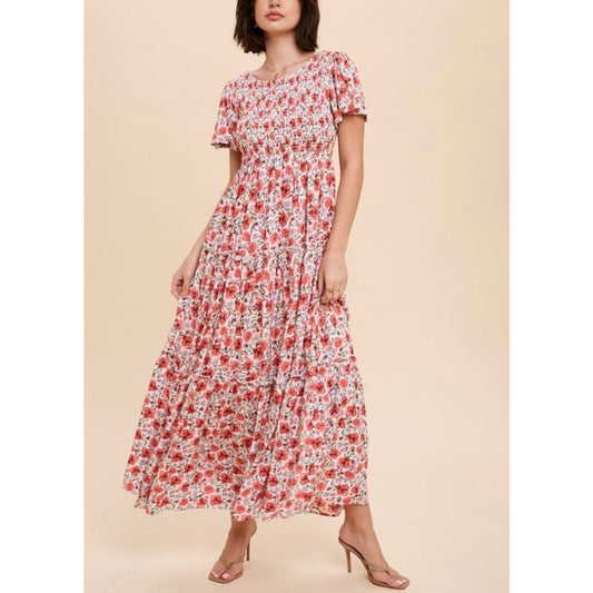 Jasmine Ruffled Tiers Spring Dress in Coral