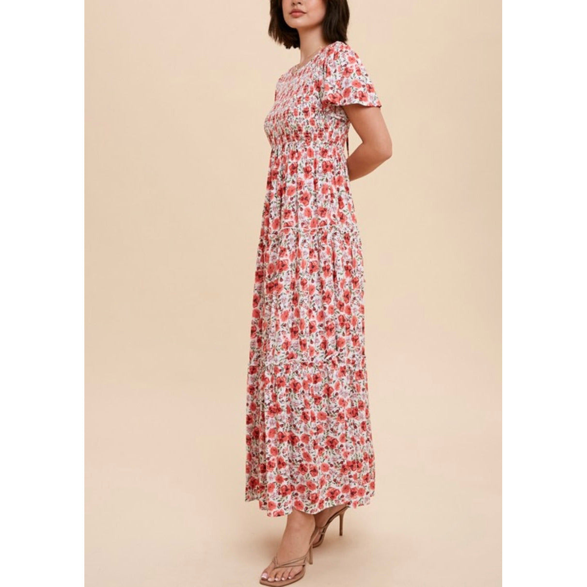 Jasmine Ruffled Tiers Spring Dress in Coral